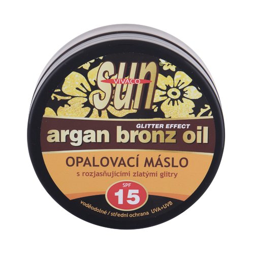 Vivaco „Sun Argan Bronz Oil“ blizgučių efektas SPF15 – įdegio sviestas su argano aliejumi ir blizgučiais