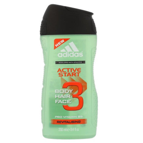 „Adidas“ plaukų ir kūno prausiklis „Active Start 3 in 1“ – dušo želė ir šampūnas vyrams, 3 in 1.