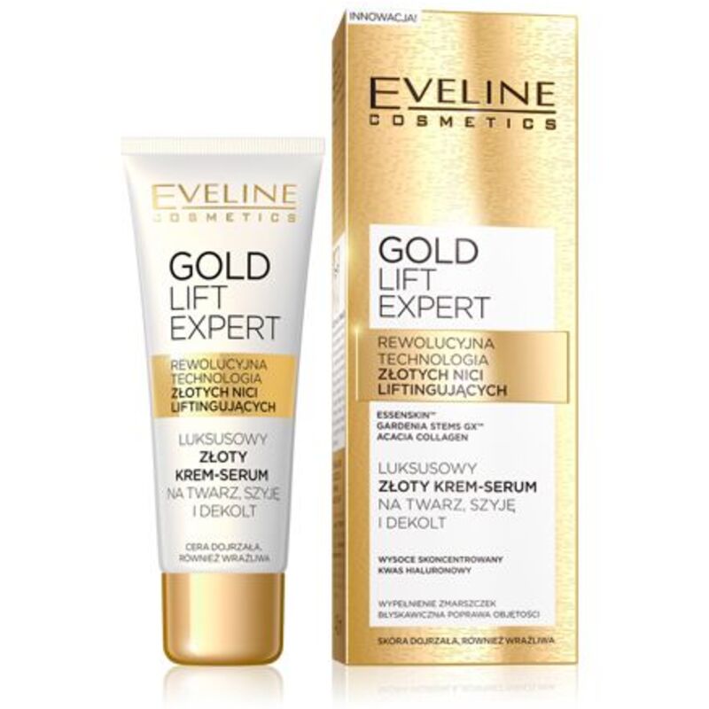 „Eveline Cosmetics Gold Lift Expert“ prabangus auksinis serumas-kremas – stangrinamasis ir liftinguojantis kremas nuo raukšlių.