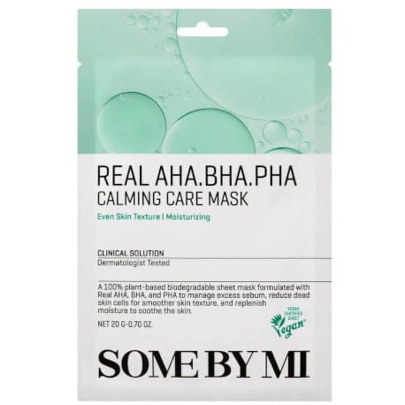 „Some By Mi Real AHA.BHA.PHA Calming Care Mask“ – raminanti lakštinė kaukė probleminei odai.