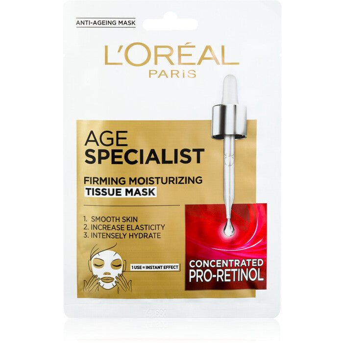 „L'Oréal Age Specialist 45+“ stangrinanti audinių kaukė – tekstilinė kaukė, skirta nedelsiant stangrinti ir išlyginti odą.
