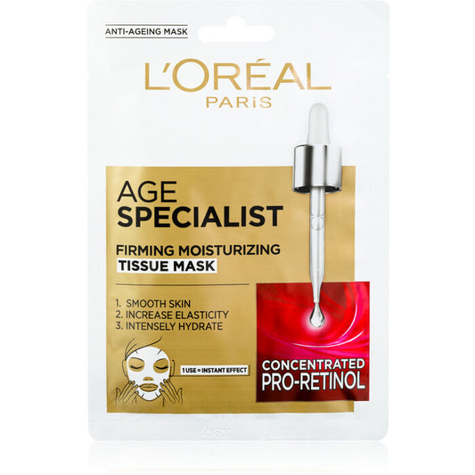 „L'Oréal Age Specialist 45+“ stangrinanti audinių kaukė – tekstilinė kaukė, skirta nedelsiant stangrinti ir išlyginti odą.