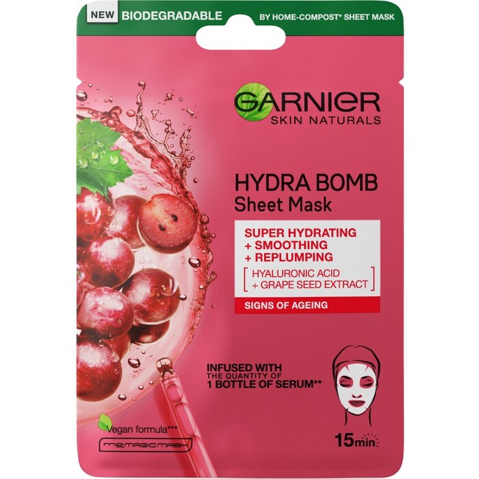 GARNIER Hydra Bomb audinių kaukė - drėkinamoji tekstilinė kaukė