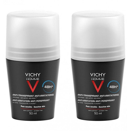 Vichy Men Homme 48H rutulinis dezodorantas su antiperspirantasu, skirtas jautriai odai (2 vnt.)