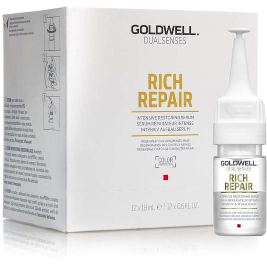 „Goldwell Dualsenses Rich Repair“ intensyvaus poveikio serumas 12 x 18 ml – intensyvus atkuriamasis serumas sausiems ir pažeistiems plaukams