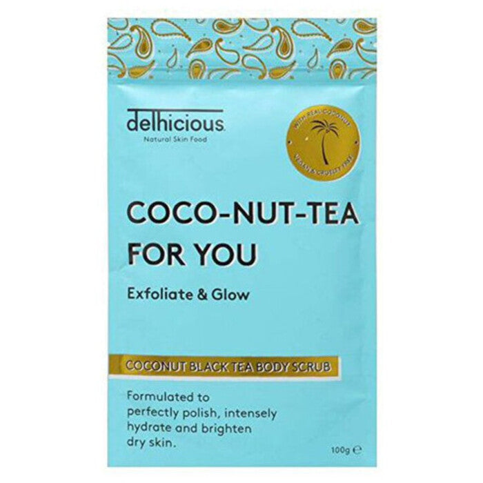 „Delhicious Coco-Nut-Tea For You“ kokosų ir juodosios arbatos kūno šveitiklis – kūno šveitiklis