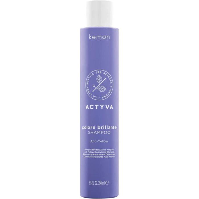 Kemon Actyva Coloro Brillante šampūnas nuo geltonumo - neutralizuojantis šampūnas šviesiems plaukams