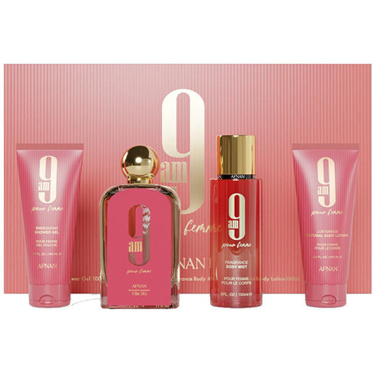 Afnan 9AM Pour Femme dovanų rinkinys EDP 100 ml, dušo gelis 100 ml, kūno dulksna 150 ml ir kūno losjonas 100 ml