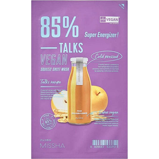 „Missha Talks Vegan Squeeze Super Energizer“ lakštinė veido kaukė – veganiška veido kaukė