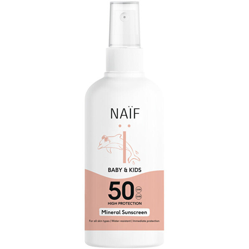 „Naif“ mineralinis apsauginis kremas nuo saulės SPF 50 – vaikams skirtas purškiamas apsauginis kremas nuo saulės
