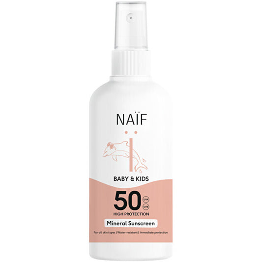 „Naif“ mineralinis apsauginis kremas nuo saulės SPF 50 – vaikams skirtas purškiamas apsauginis kremas nuo saulės