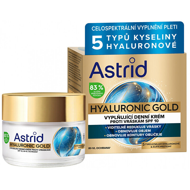 Astrid Hyaluronic Gold Cream SPF 10 - Aukso baltymais užpildantis dieninis kremas nuo raukšlių