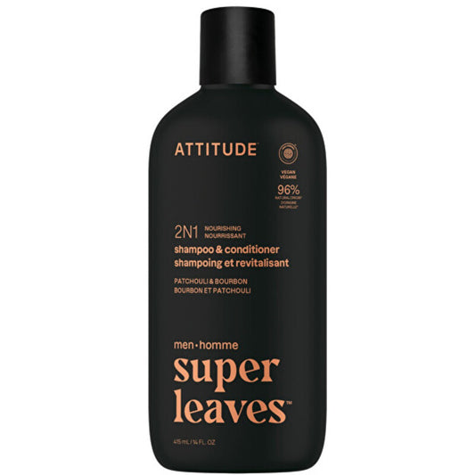 Attitude „Super Leaves Patchouli & Bourbon“ šampūnas ir kondicionierius – maitinamasis 2 viename vyriškas šampūnas ir kondicionierius