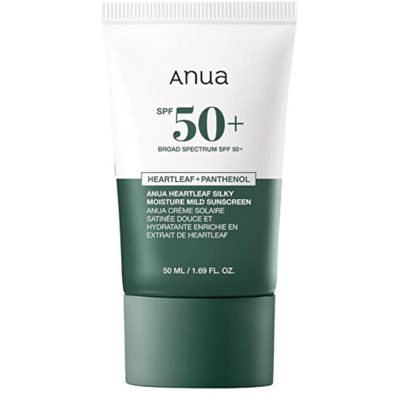 Anua „Heartleaf Silky Moisture Mild Sunscreen SPF 50+“ – drėkinamasis veido kremas nuo saulės