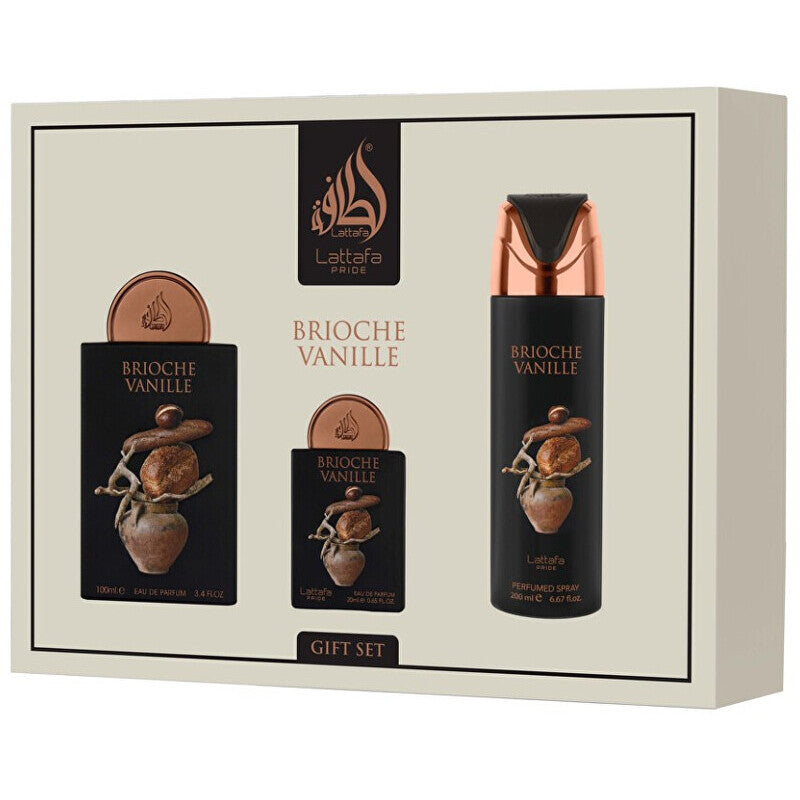 Lattafa Perfumes Brioche Vanille Gift Set EDP 100 ml, EDP 20 ml and deospray 200 ml