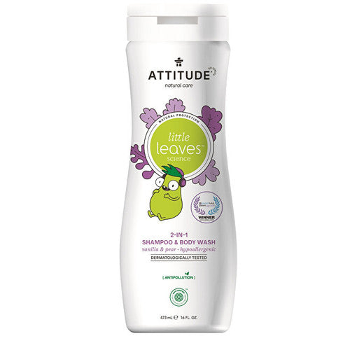 Attitude „Little Leaves“ kūdikių kūno muilas ir šampūnas (2 viename) su vanilės ir kriaušių kvapu 473 ml